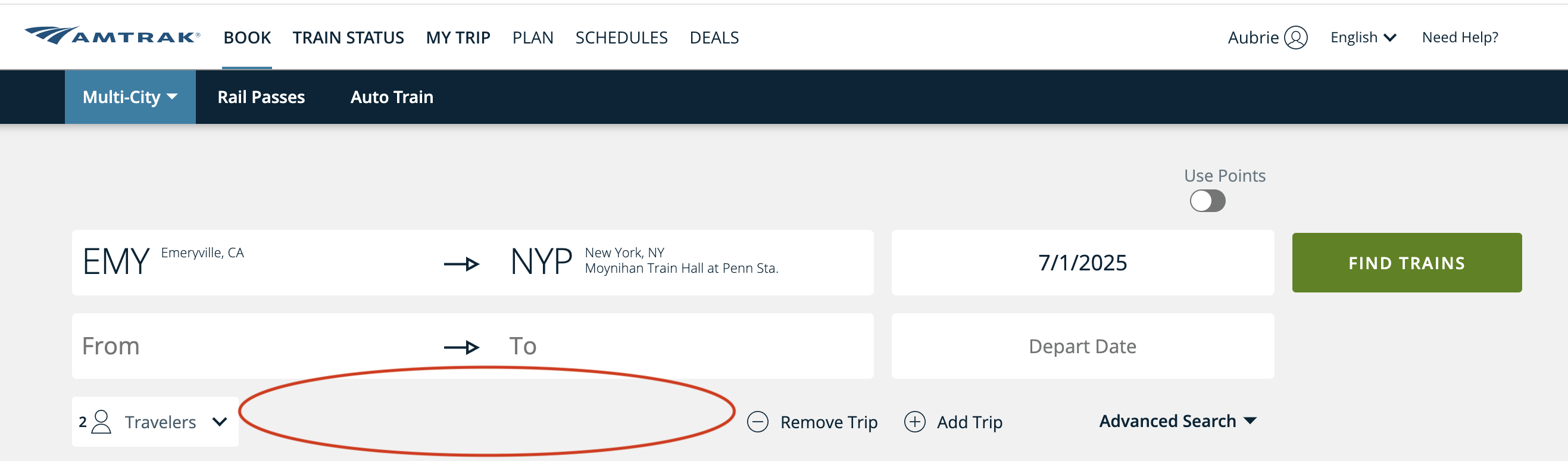 When Add Trip is clicked for multi-city searching, the Passenger with Disability or Assistance Needed? checkbox disappears.