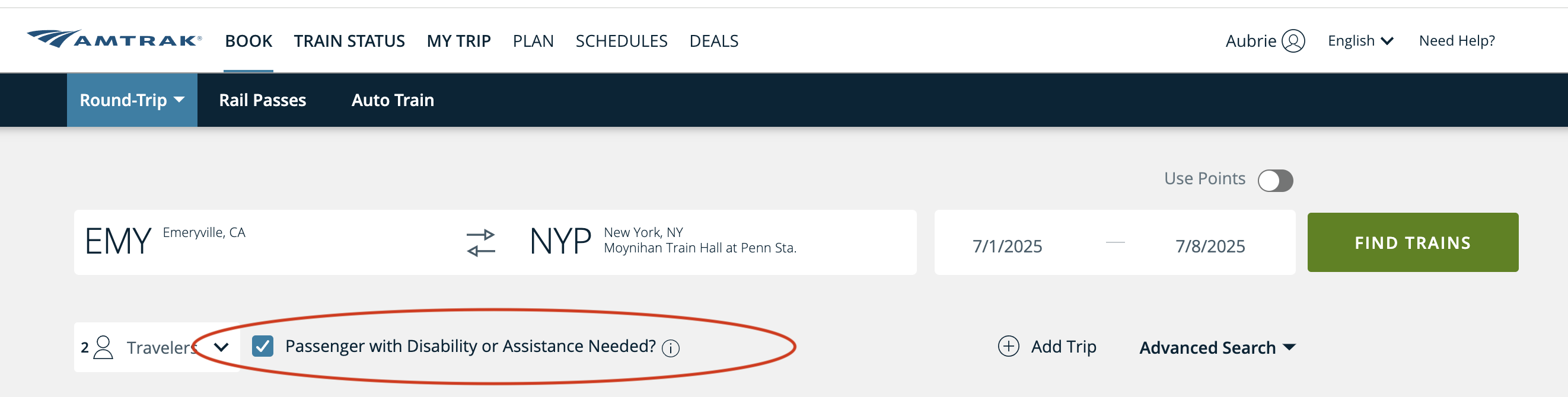 The Passenger with Disability or Assistance Needed? checkbox is only available when searching between two cities.